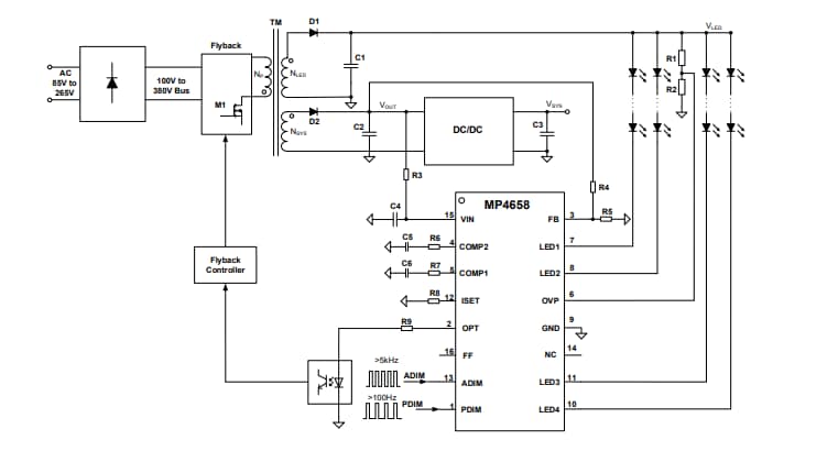 Application Circuit Diagram - Monolithic Power Systems (MPS) MP4658 4-String Return LED Drivers